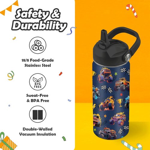 Monster Truck Water Bottle - 16oz Stainless Steel Insulated Cup with Straw | Fun Design for Kids
