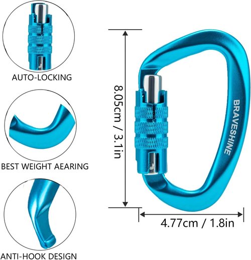 Heavy Duty Carabiner Clips 12KN Aluminum D Ring Double Locking Caribeaner Hooks