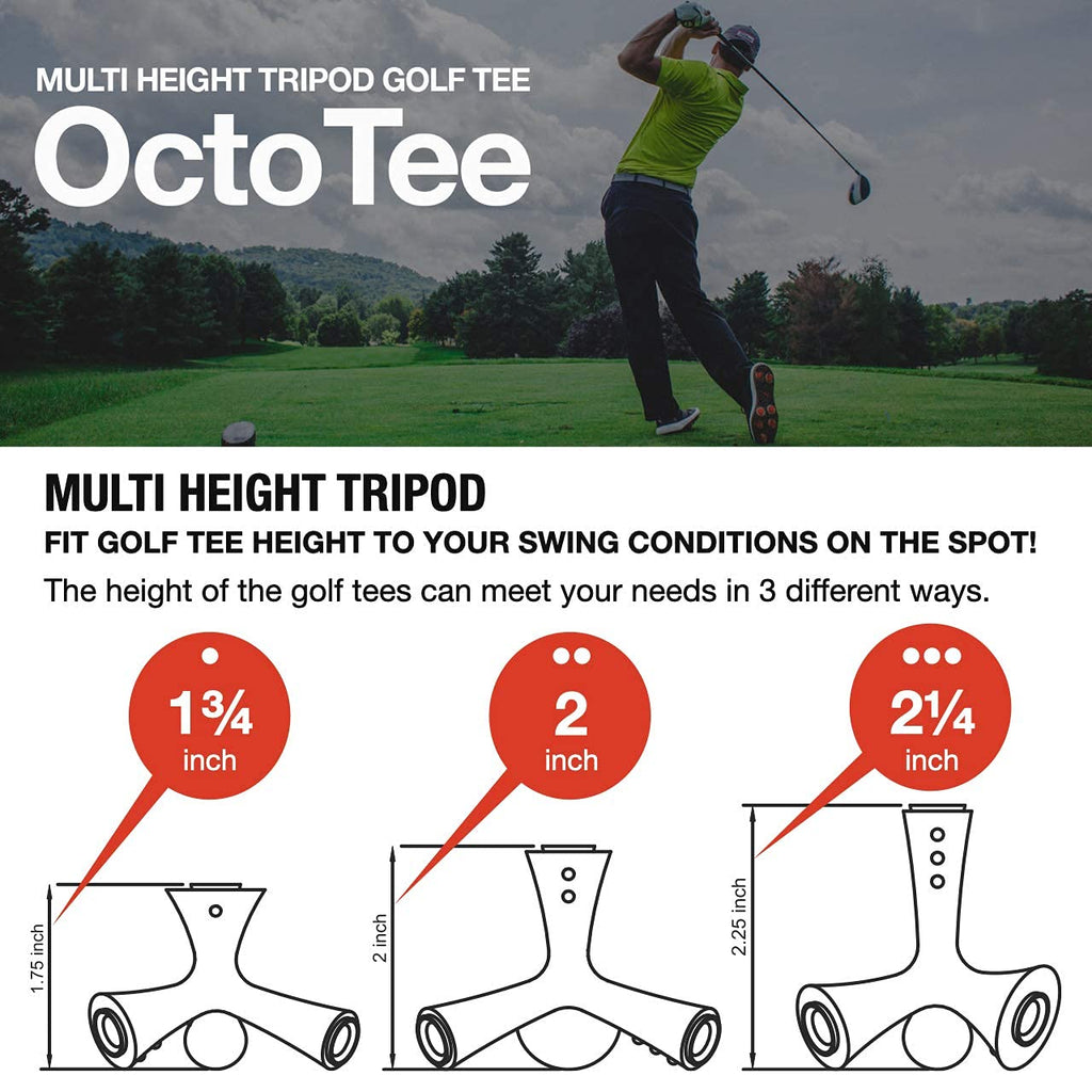 OctoTee, unisex-adult Flexible Tripod Colorful Rubber Golf Tee with Multi Height, Pack of 2