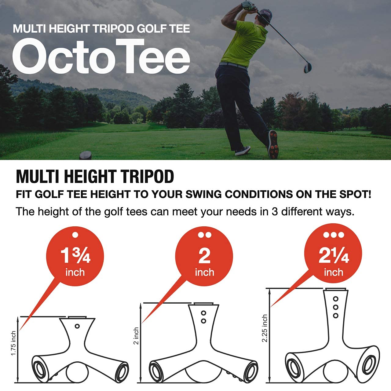 OctoTee, unisex-adult Flexible Tripod Colorful Rubber Golf Tee with Multi Height, Pack of 2