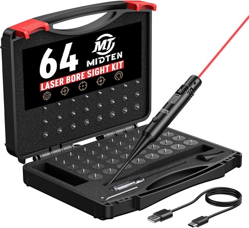 MidTen Bore Sight Laser Kit - 64 Adapters for 0.167 to 12GA Calibers | Rechargeable Green/Red Laser