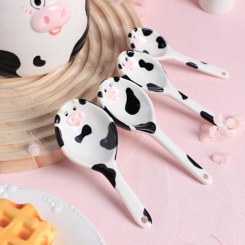 Bicuzat Ceramic Cow Pattern Measuring Spoons Set for Dry or Liquid with Measuring Cup Set, 4 PCS Kitchen Measuring Baking Spoons Cooking Measuring Spoons for Kitchen Baking Tool Utensil Set