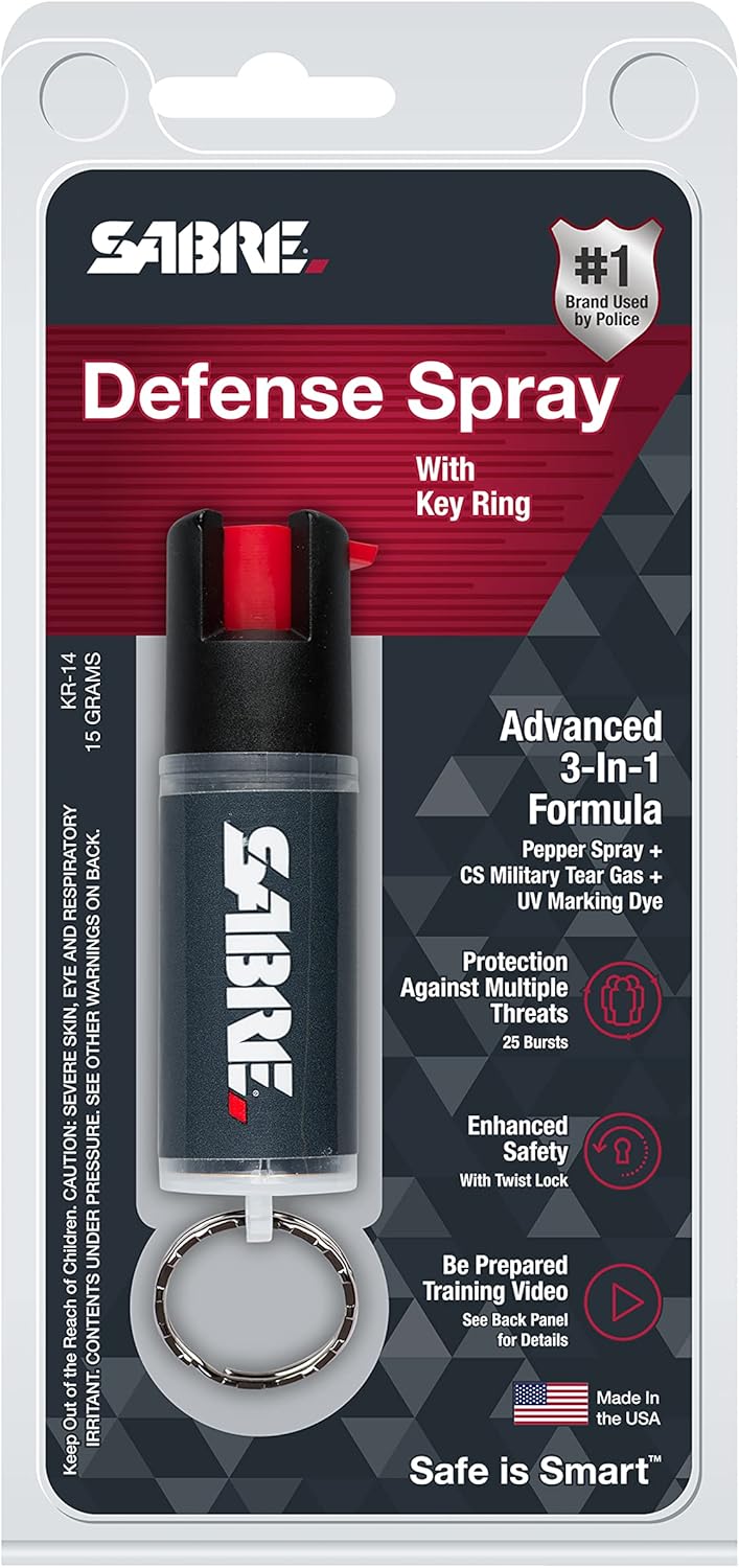 SABRE Defense Spray - 3-in-1 Formula with Key Ring | 25 Bursts, 10-Foot Range, Black