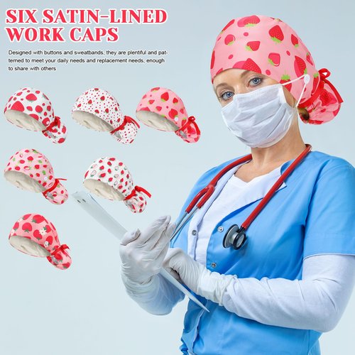 Jamntower 6 Pcs Satin Lined Working Hat Scrub Caps Adjustable Tie Back Bouffant Hats with Button Sweatband for Doctor Nurse(Strawberry Style,Cute Color)