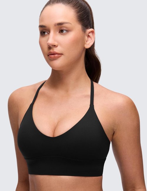 CRZ YOGA Butterluxe Sports Bra - Padded V Neck Longline Crop Top with Spaghetti Straps for Women