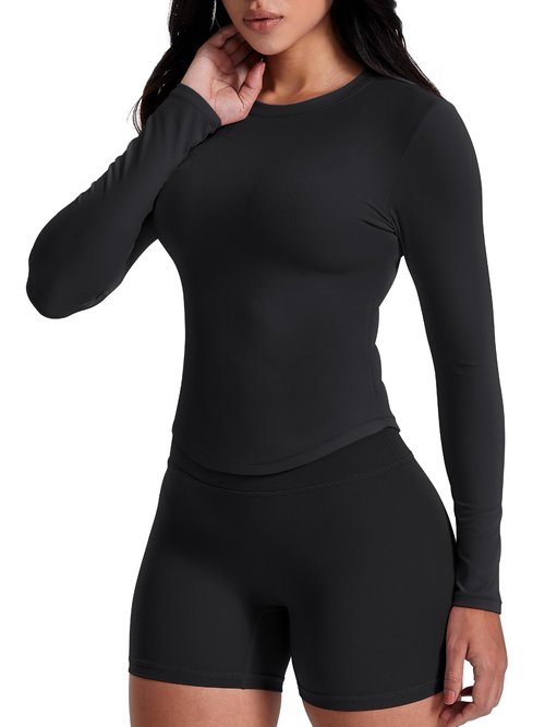 AVGO Long Sleeve Shirts for Women Workout Tops Gym Top Breathable Yoga T Shirt Running Sportwear Slim Fit Activewear (Black, Medium)