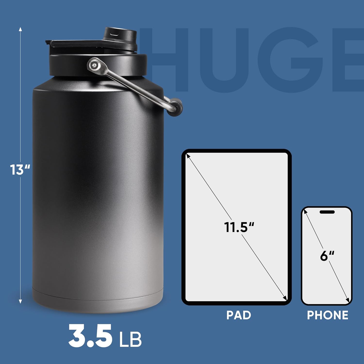 Skiennix Insulated Water Bottle - 128oz Vacuum Stainless Steel Jug with 2-in-1 Straw & Spout Lid - Leakproof, Keeps Drinks Cold for 24 Hours - Black & Grey