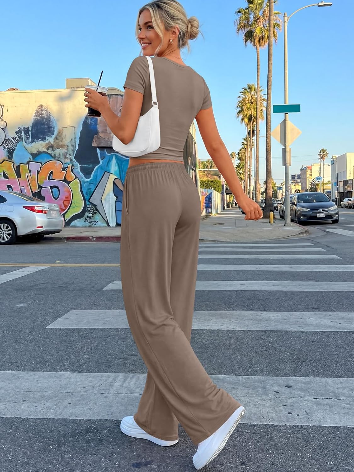 Trendy Queen 2 Piece Summer Sweatsuit Set - Women's Side Ruching Top & Wide Leg Pants with Pockets
