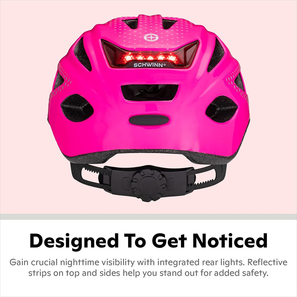 Schwinn Adult Bike Helmet - Lighted with Rear LED, Adjustable Fit 58-62 cm, 17 Air Vents, Removable Visor