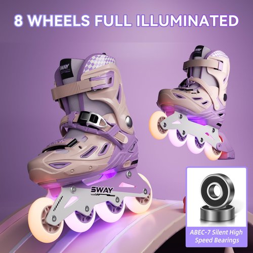 SWAY Inline Skates 4 Size Adjustable for Girls and Boys, All Wheels Light Up, Outdoor Inline Skates for Kids and Youths Age 4-16, Lightweight & Comfortable (Pink, Medium - Big Kid(1-4 US))