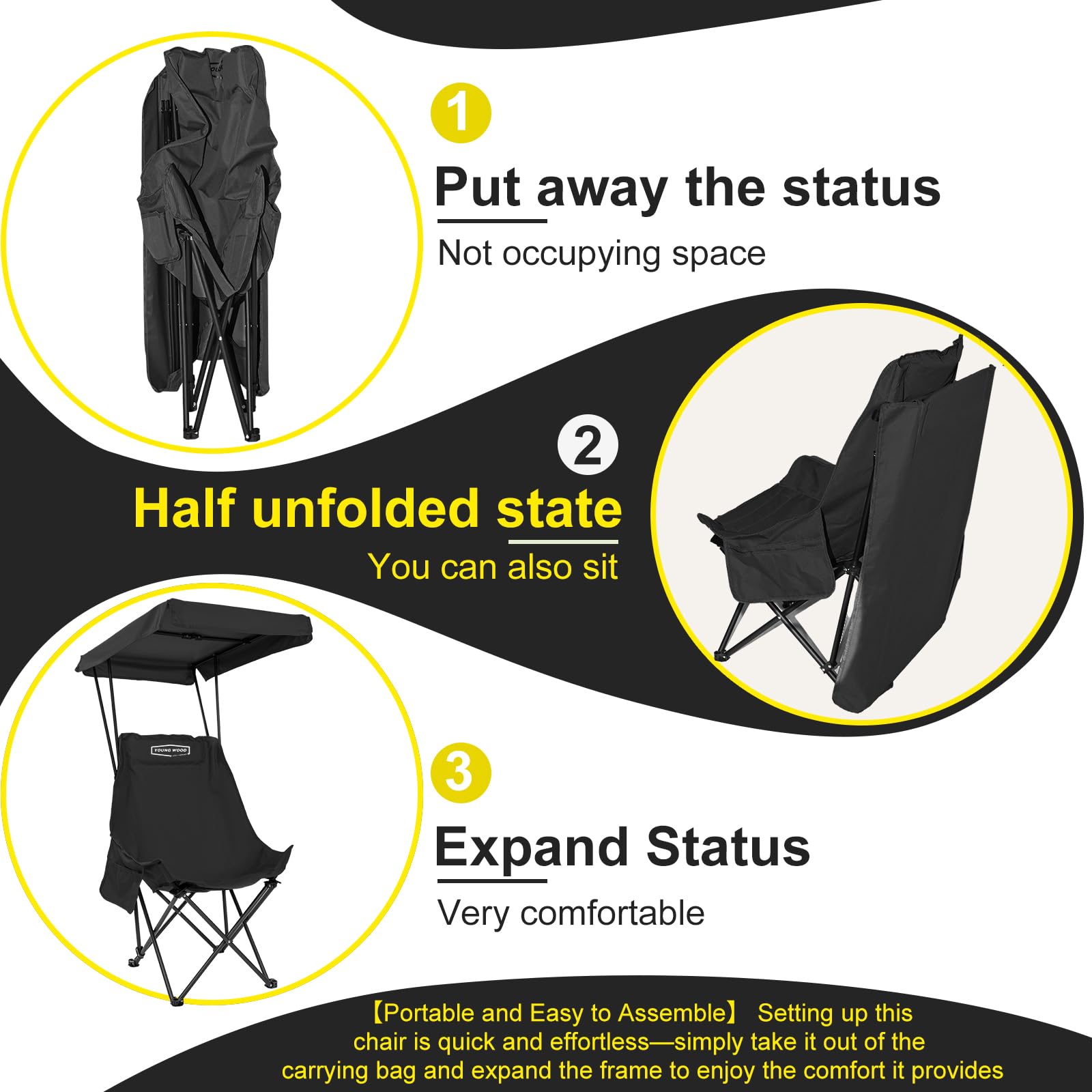 YOUNG WOOD Portable Camping Chair Beach Chair with Shade Canopy, Fold Lightweight Oversized for All, Easy to Open and Close Without Installation, Side Pocket Design for All Outdoor Activities, Black