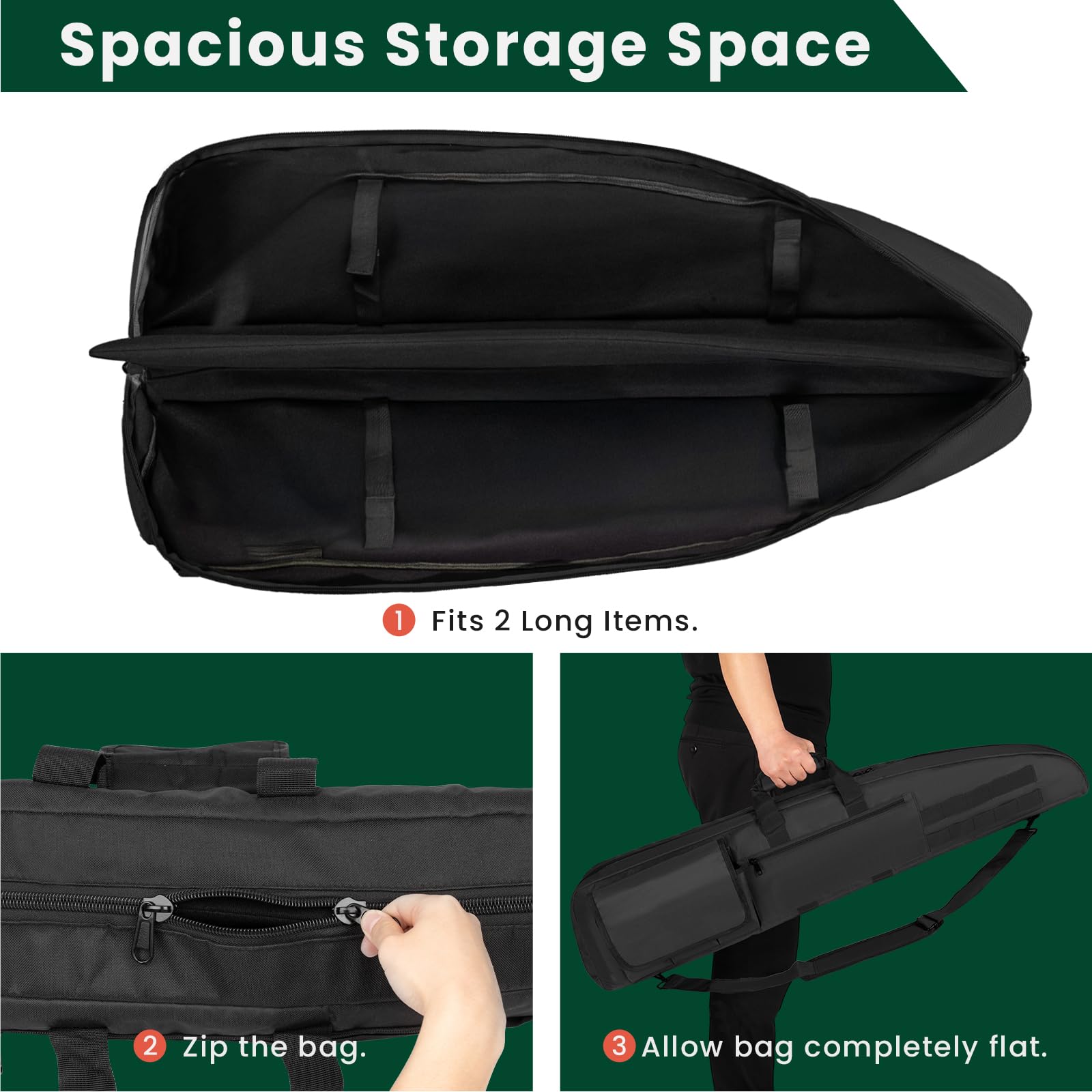 HUNTSEN Soft Case 38" 42" 46" 52" Bag with Padded Handle - Adjustable Sling Dual Lockable Zippers, Multiple Pouches Outdoor Accessory Bags (Black, 52")