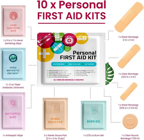 First Aid Kit by Portable Travel - 10 Pack | Essential for Home, Office, Car & Outdoors | Individually Wrapped Supplies