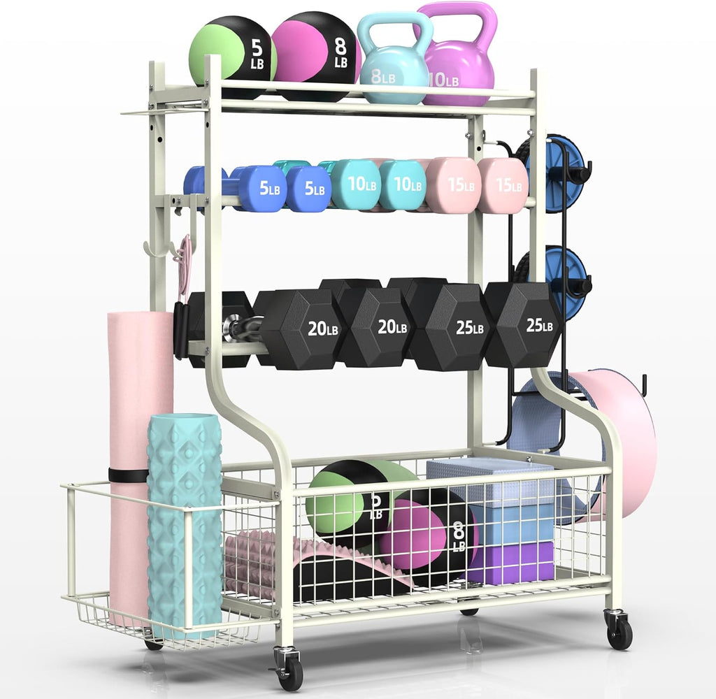 PLKOW Dumbbell Rack - All-In-One Home Gym Storage for Dumbbells, Kettlebells & Yoga Mats - Durable Steel with Wheels
