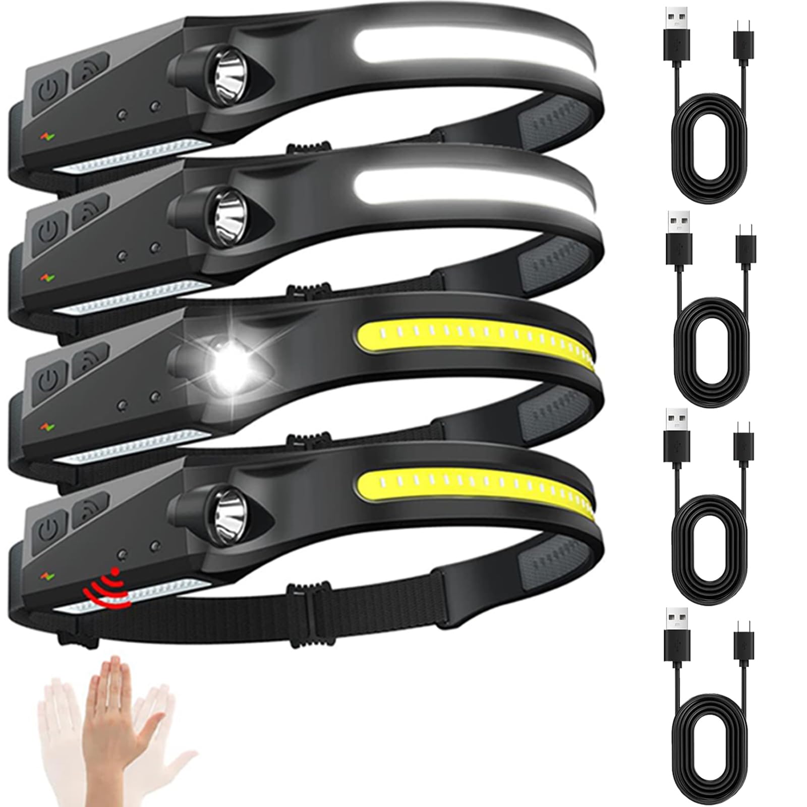 Rechargeable LED Headlamps 4 Pack with Hooks, 230° Wide Beam Head Lamp with Motion Sensor, USB C, IPX6 Waterproof, 5 Light Modes, Hard Hat Compatible Headlight for Adults Camping Hiking Working
