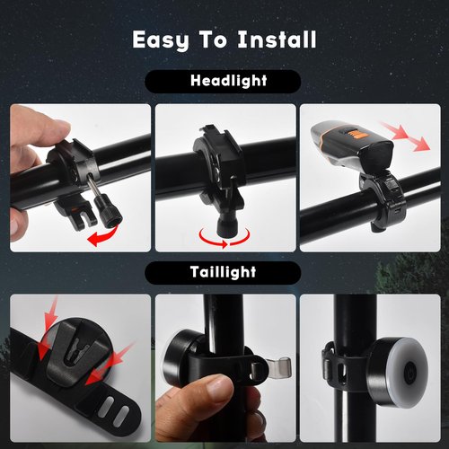 Spolite Bike Head and Tail Light Set, Smart Automatic Head Lamp, IP65 Waterproof, 5 Modes Taillight, Front and Rear Taillight Reflectors for Road, Mountain, Night Riding