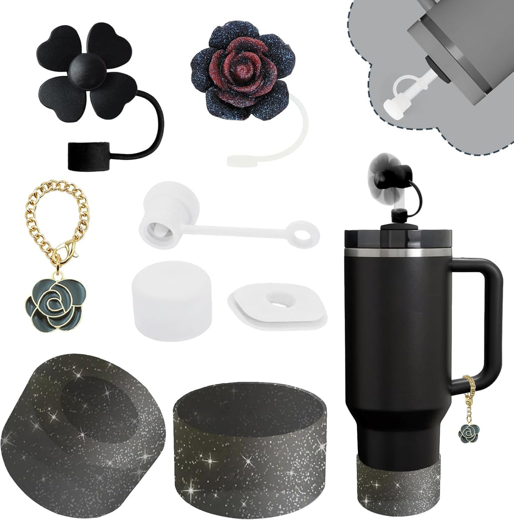 Stanley Cup Accessories Set - 3-Piece Silicone Spill-Proof Stopper & Straw Cover | Black 2.0