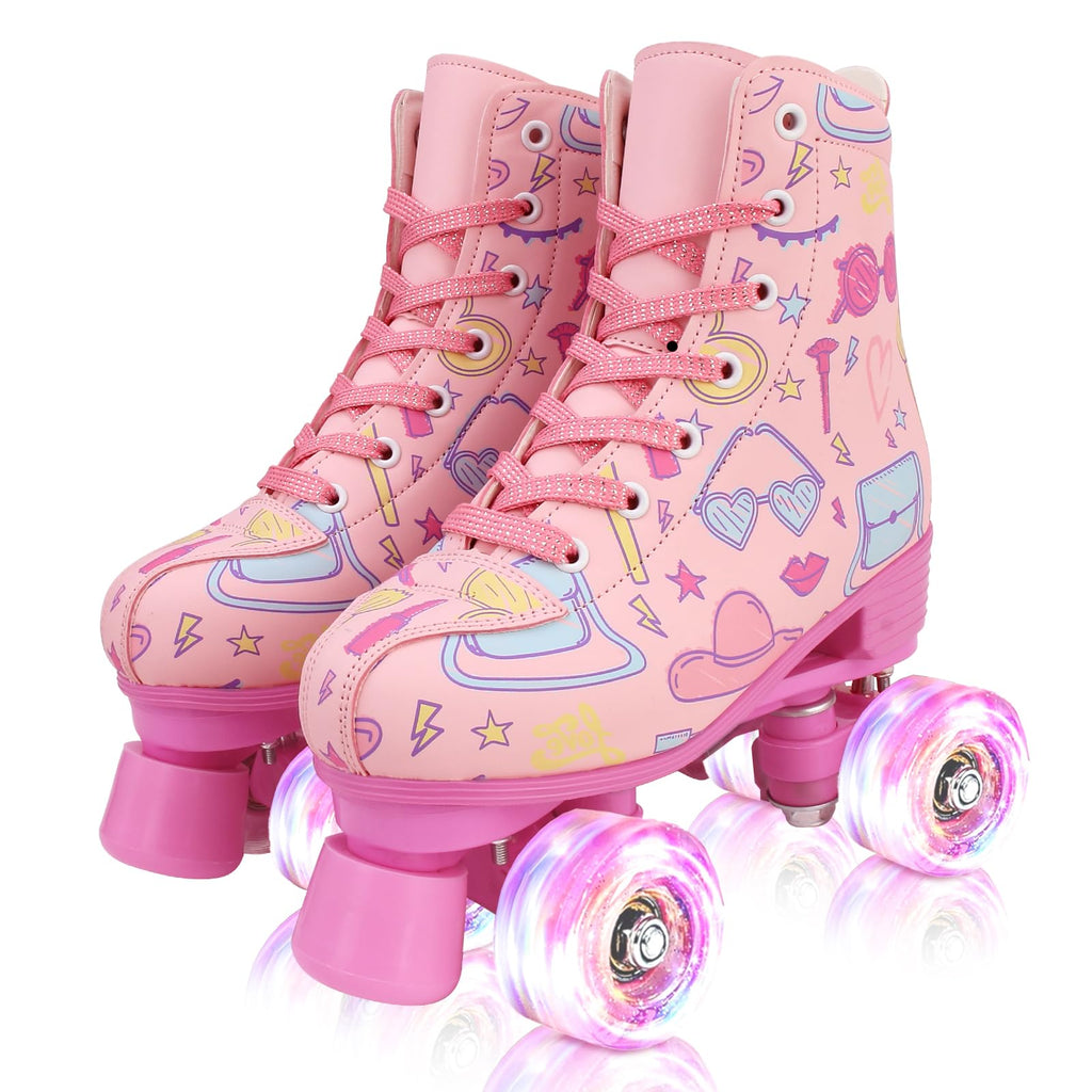 XUDREZ Roller Skates for Girls and Women, Stylish Pattern Pink Roller Skates with Light Up Wheels for Kids Youth Girls Ages 6-12 Indoor Outdoor (Pink,33-Youth 2)