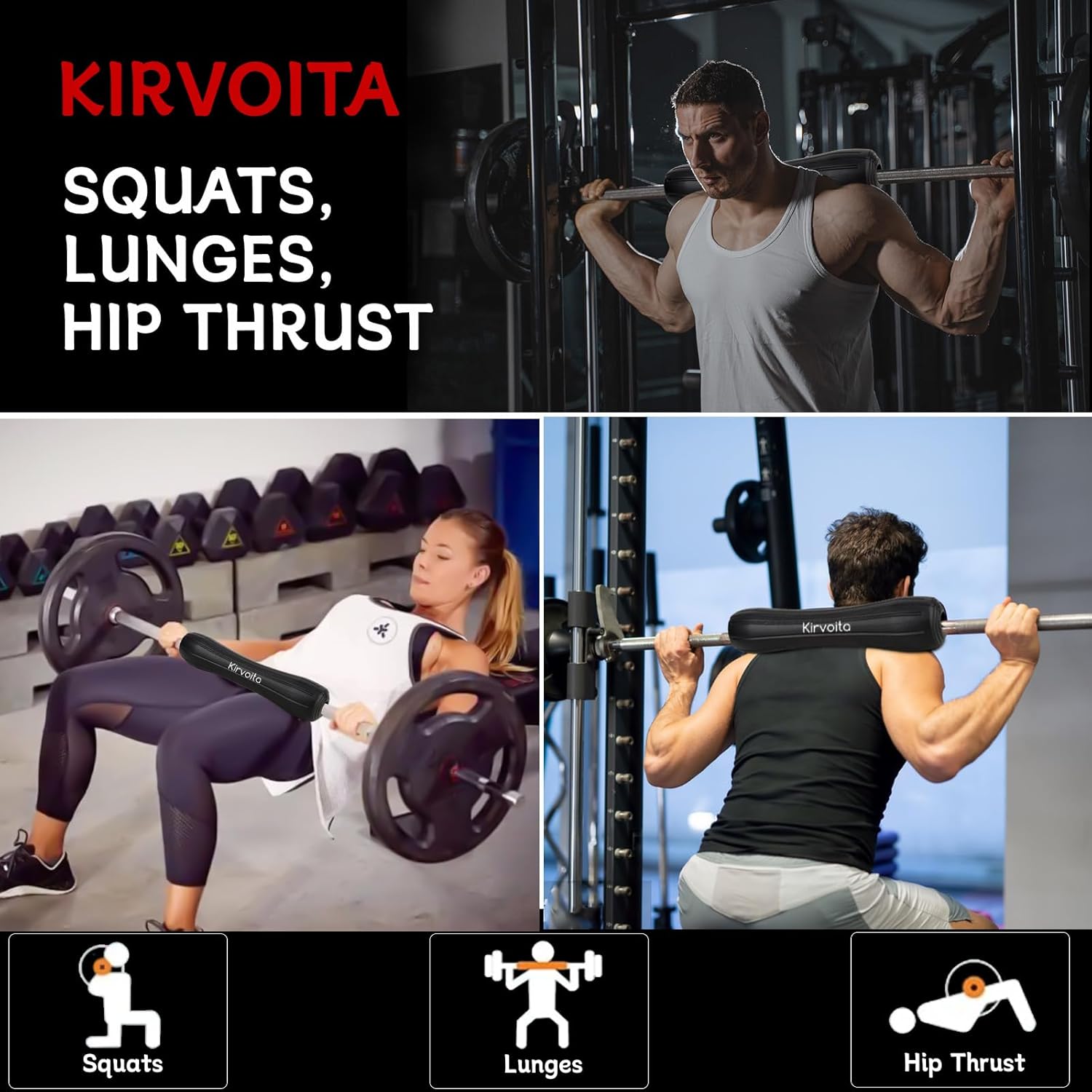 Rubber Barbell Pad - Easy to Install Squat & Hip Thrust Pad for Heavy Weights | 15.5" x 3.5" x 3.5", Black