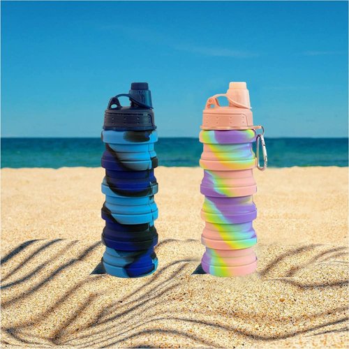 konlongzan Collapsible Water Bottles 2 pack Travel Water Bottle 500ML（ Blue Camouflage + Pink