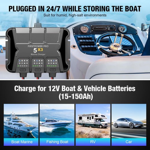 3 Bank Marine Battery Charger - 15A Waterproof Onboard Charger for SLA/AGM & Lithium Batteries
