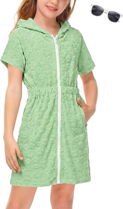 BesserBay Girls Swim Cover-Up - Zip-Up Terry Cloth Robe with Sunglasses | Ages 6-14