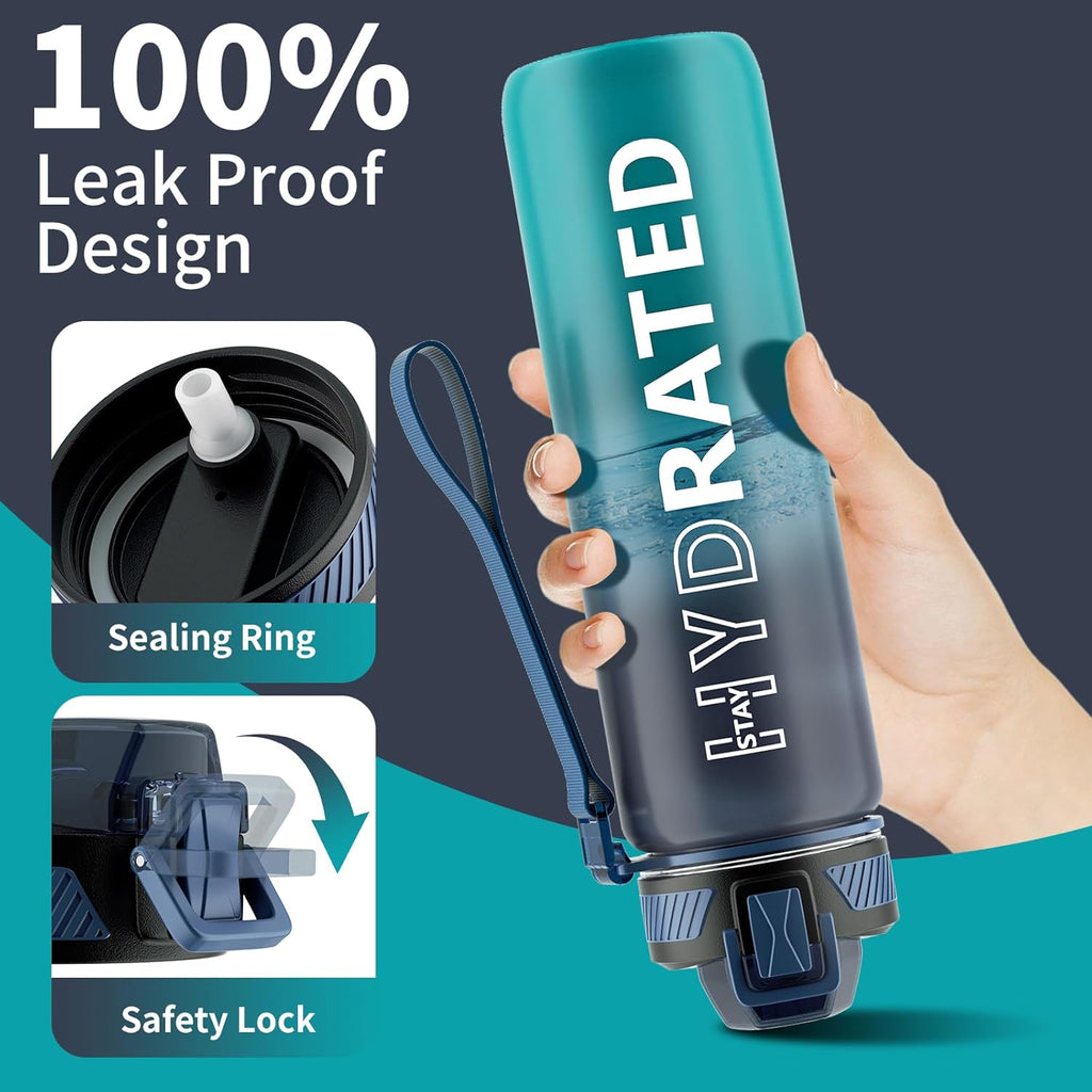 QLUR 32oz Motivational Water Bottle - BPA-Free Tritan with Time Marker & Carry Strap for Fitness | Leakproof