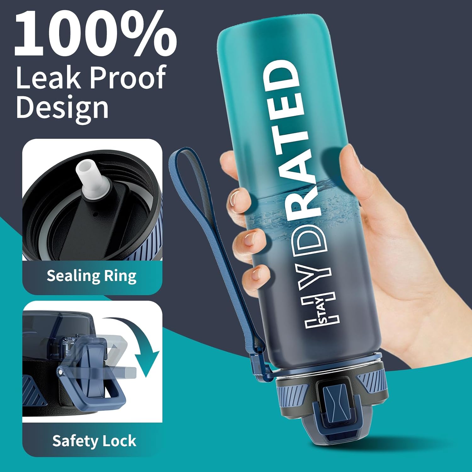 QLUR 32oz Motivational Water Bottle - BPA-Free Tritan with Time Marker & Carry Strap for Fitness | Leakproof