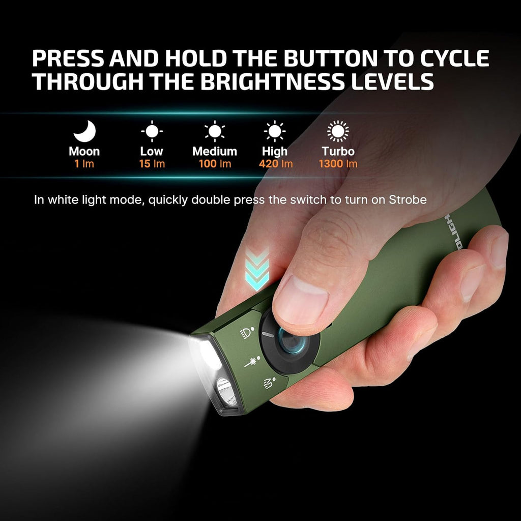 OLIGHT Arkfeld Pro Rechargeable EDC Flashlight - 1300 Lumens Green Beam & UV LED Combo | Portable Pocket Size
