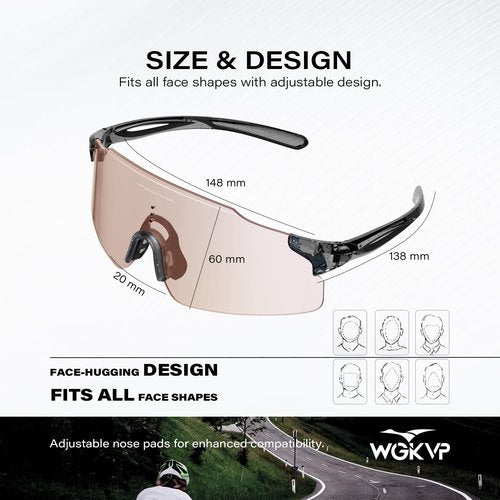 WGKVP Photochromic Sunglasses, UV400 Protection, Sports Glasses For Men and Women Cycling Jogging Travel Goggles (Crystal Grey-Gold)