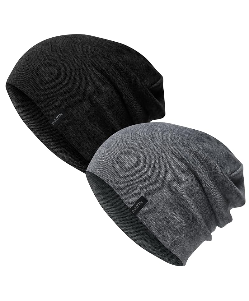 Wool Blend Beanie 2-Pack - Lightweight Slouchy Knit Hats, Black/Graphite