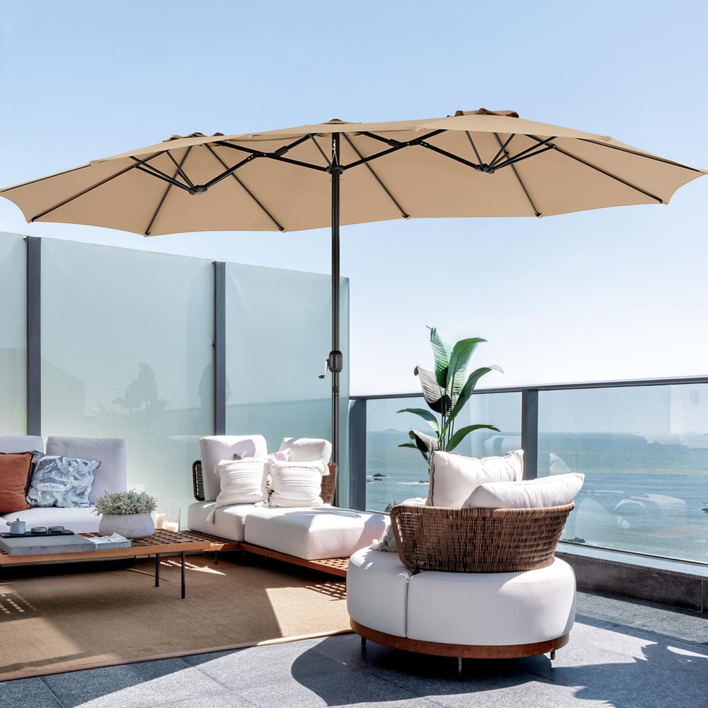 DUMOS 15FT Extra Large Patio Umbrella with Base Included, Rectangle Table Umbrella Outdoor Patio, 12 Sturdy Ribs Triple Head Canopy Outside Umbrellas for Deck, Market, Backyard and Poolside, Khaki