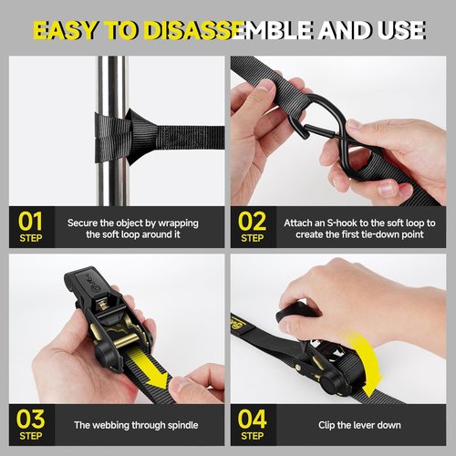 4Pcs Ratchet Tie Down Straps Kit - 2400lb Break Strength | 1” x 16FT Soft Loop Straps for Trucks & Motorcycles