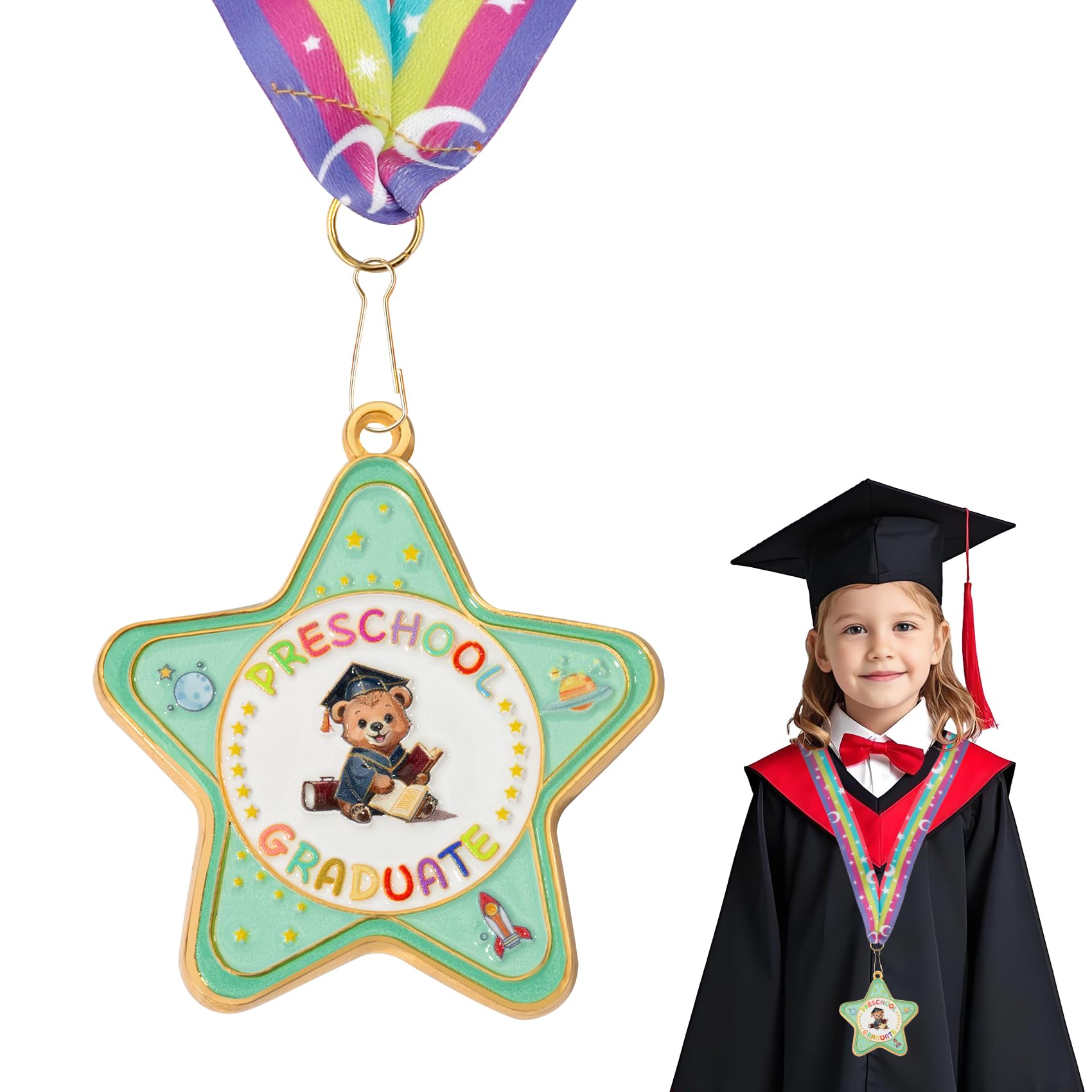 Preschool Graduation Medal, Congrats Graduation Award Medal with Rainbow Neck Ribbon, Cute Grad Medals for Awards, Metal Graduation Medals for Kids Students Graduate Gift Party Decoration Favors