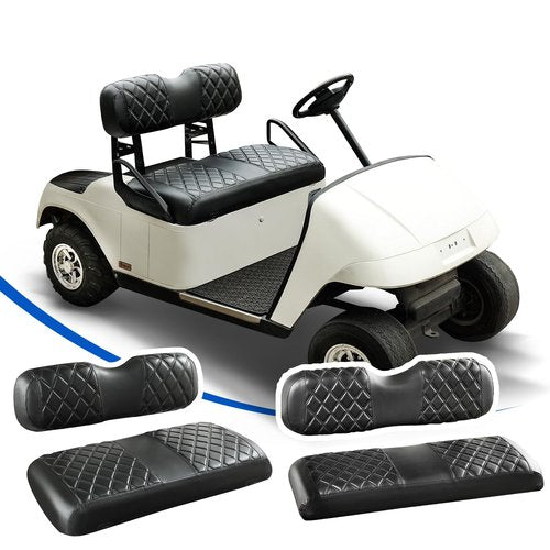 NOKINS 4PCS Golf Cart Diamond Seat Covers Kit, Front&Rear Seat Covers Fits EZGO TXT 1994-2013/EZGO RXV Standard Seat Cushion, EZGO Vinyl Seat Cover Accessories, No Staples(Black&Black Stitch)