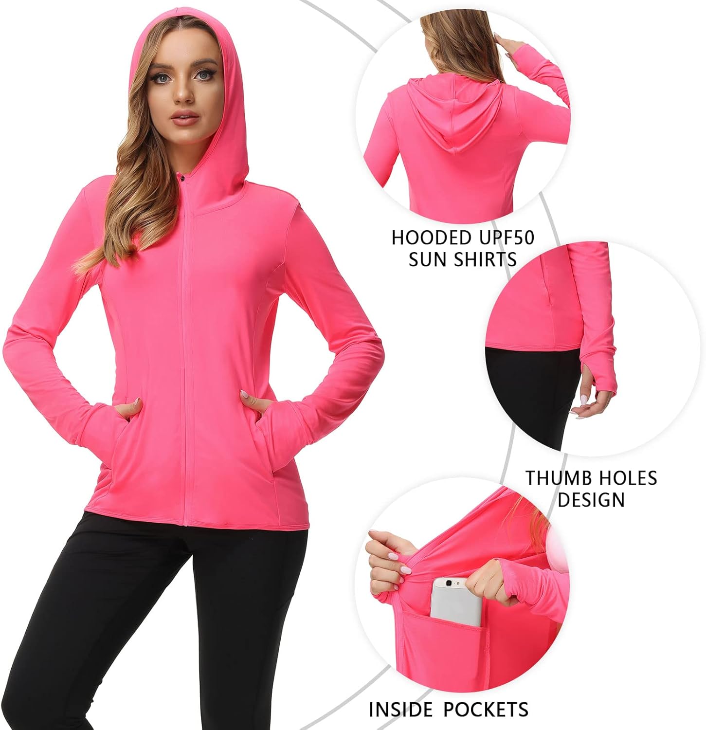 TIHEEN Women's UPF 50+ Sun Protection Hoodie - Lightweight Full Zip Athletic Jacket with Pockets