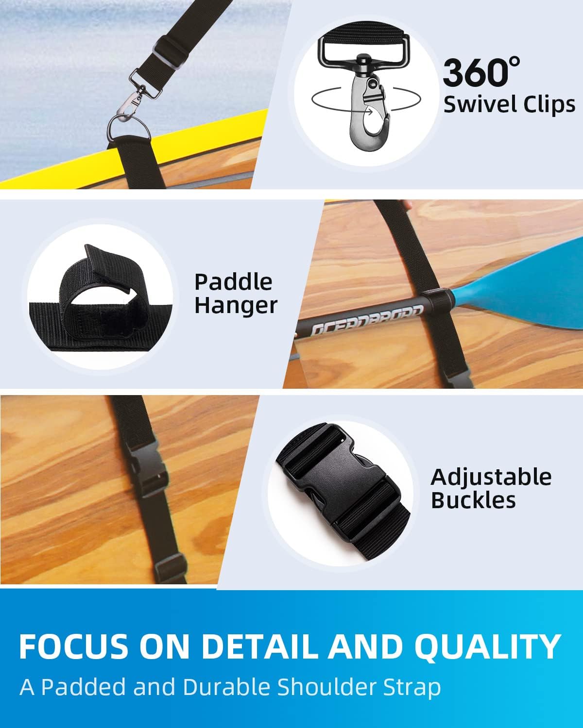 OCEANBROAD SUP Kayak Carry Strap - Adjustable Shoulder Strap with Clips for Paddle Boards & Canoes