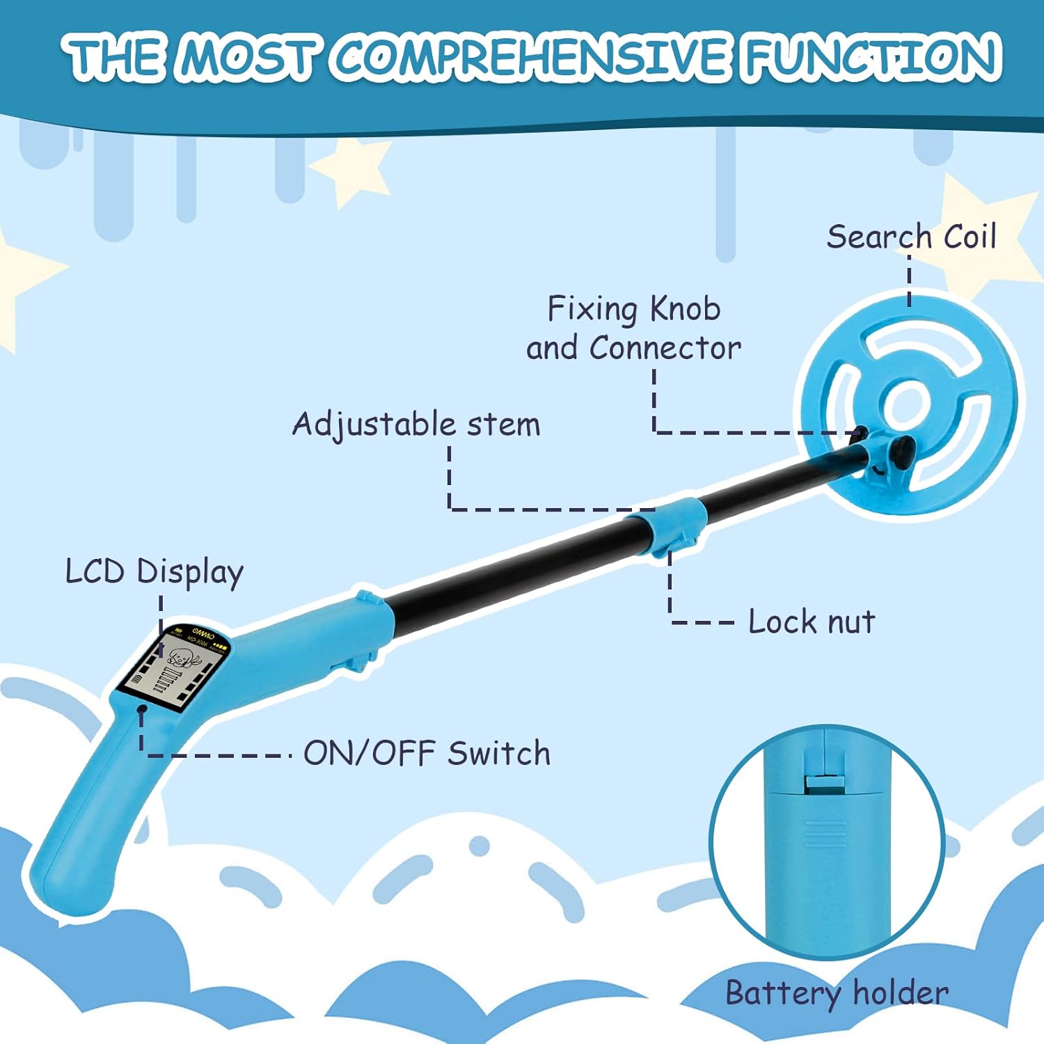 OMMO Metal Detector - Adjustable 27.5”-37.8” Lightweight Kids Metal Detector with LCD Display & 6” Coil