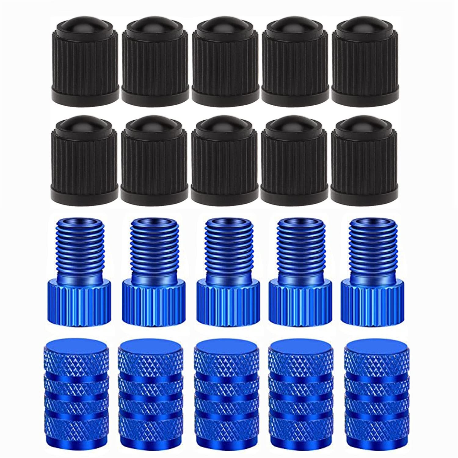 Alloygold Presta Valve Adapter, 5 Pcs Presta to Schrader Adapters, French/UK to US Bike Valve Adapter with 15 pcs Valve Caps, Bicycle Pump Adapter for Mountain Bike, Road Bike and Cars (Blue)
