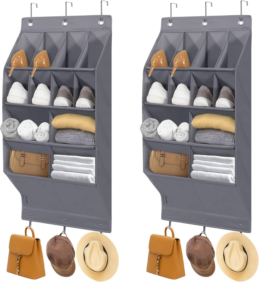 Storage Maniac Over Door Shoe Organizer - 2 Pack with 12 Large Pockets for Efficient Closet Storage | Grey