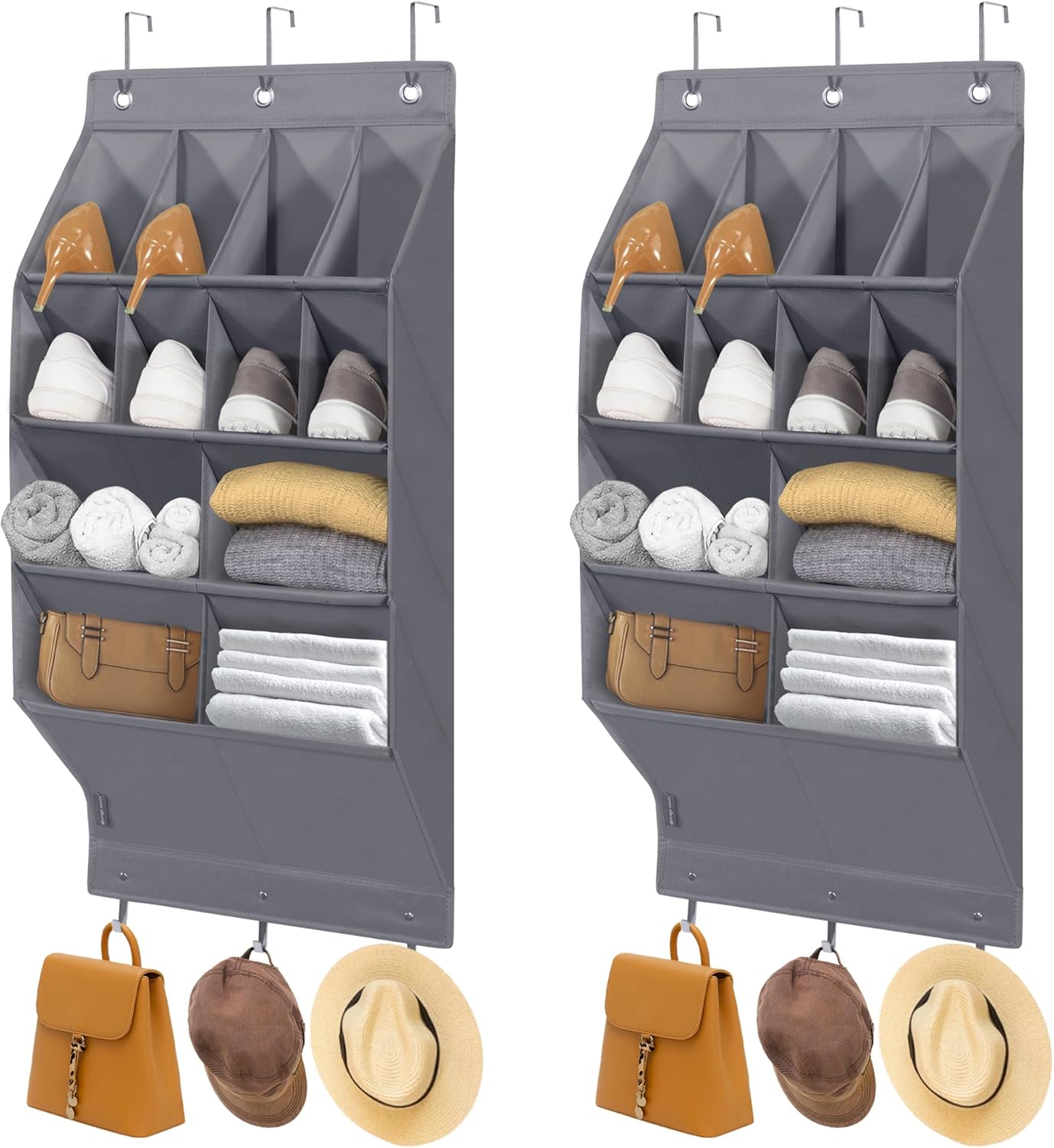 Storage Maniac Over Door Shoe Organizer - 2 Pack with 12 Large Pockets for Efficient Closet Storage | Grey