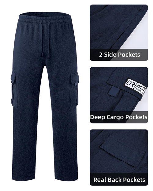 Lasjixion Men's Cargo Sweatpants Open Bottom Fleece Hiking Jogger Cargo Sweatpants for Men with Pockets Navy