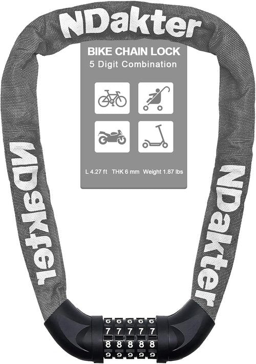 NDakter Heavy Duty Bike Lock - 5 Digit Combination Anti-Theft Chain Lock | 6Ft Long, High Security