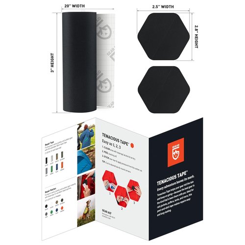GEAR AID Tenacious Tape - 3” x 20” Nylon Fabric Repair Tape with 2 Hex Patches - Fix Holes in Outdoor Gear, Black