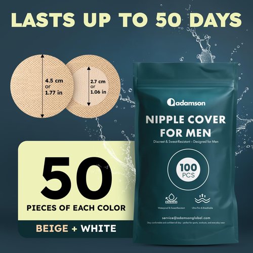 Adamson - Nipple Covers for Men - 100Pcs (50 Pairs) – Mens Nipple Cover Hider for Running, Fitness, Undershirt – Anti-Chafing, Sweat-Proof, No Show – 25 White - 25 Beige - PAC2