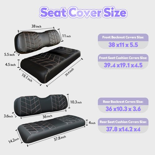 PZWLI 4PCS Golf Cart Seat Covers Kit, Front and Rear Seat Covers,Vinyl Seat Covers Accessories, No Staples（Black&Brown Stitch） (Fits Club Car DS 2000.5-Up)