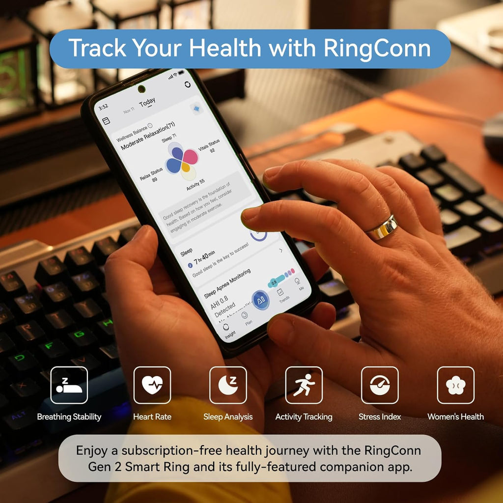 RingConn Gen 2 Smart Ring - Sleep Apnea Monitoring, 12-Day Battery Life | Heart Rate & Stress Tracker (Silver, Size 10)