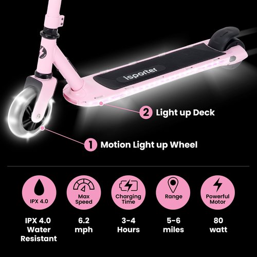 Aero iSporter Kids Electric Scooter | Hand Accelerator & LED Lights | Electric Scooters for Boys Girls Ages 6-10 | Rubber Deck Mat, Battery Indicator & Adjustable Heights