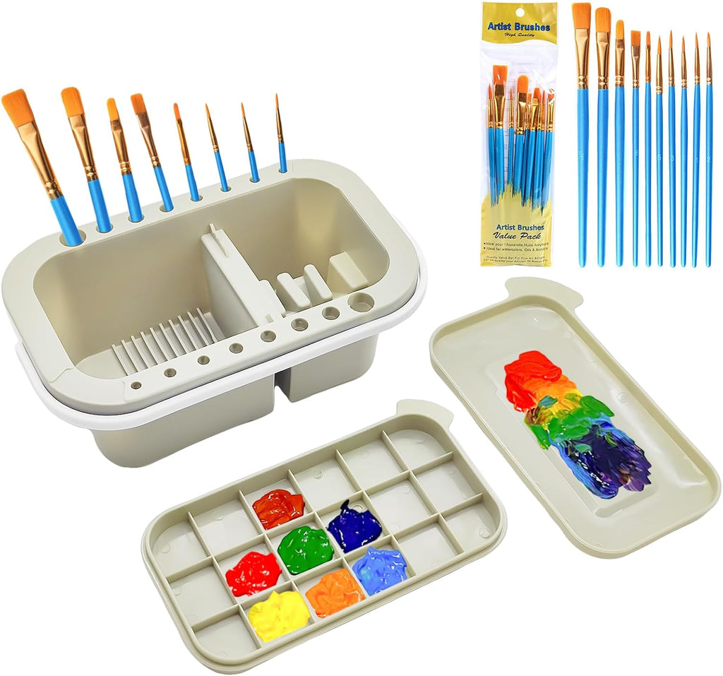 ZLY Paint Brush Cleaner Basin Set - 10 PCS Paint Brushes & Organizer for Acrylic & Watercolor (Gray)