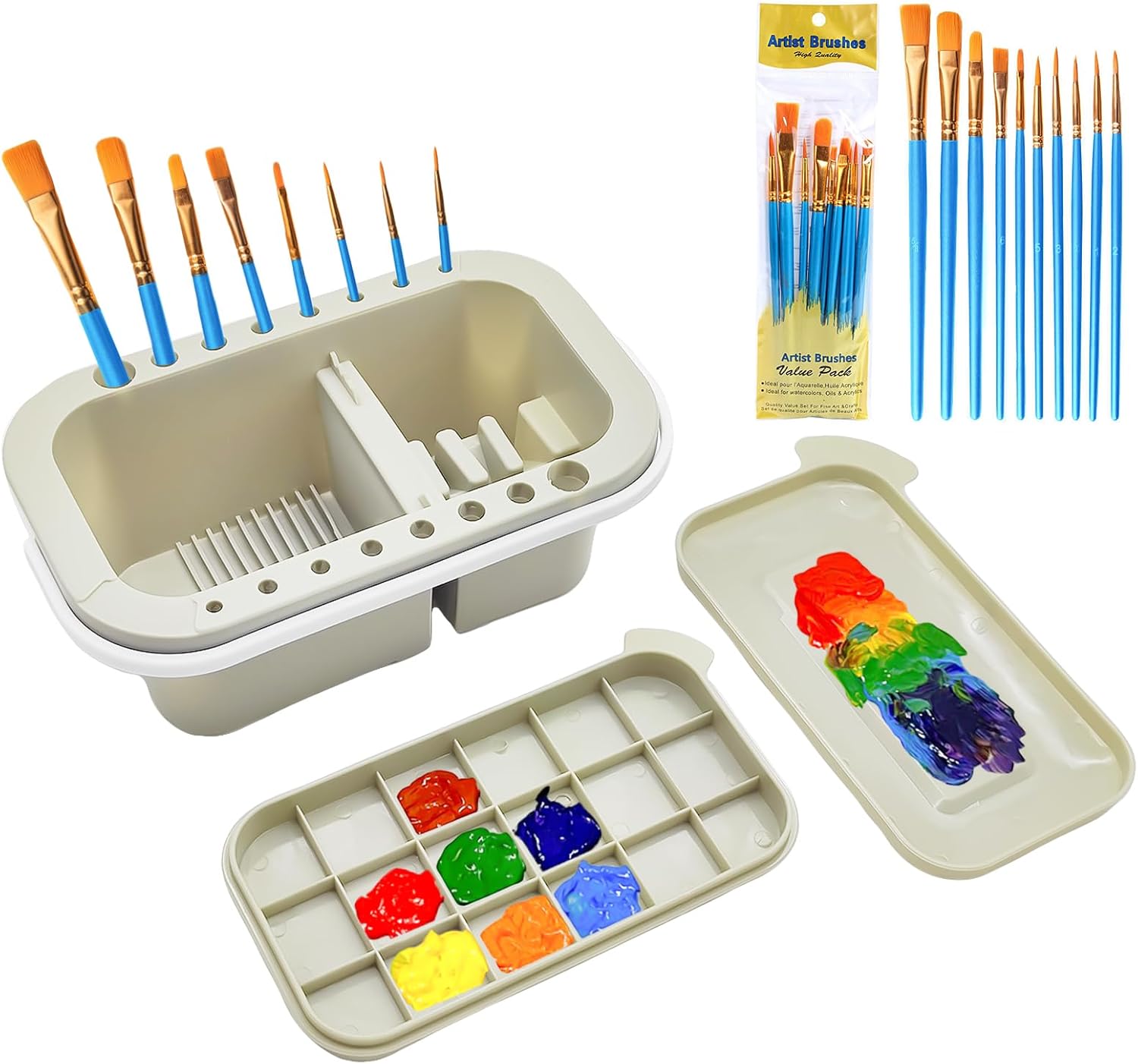 ZLY Paint Brush Cleaner Basin Set - 10 PCS Paint Brushes & Organizer for Acrylic & Watercolor (Gray)